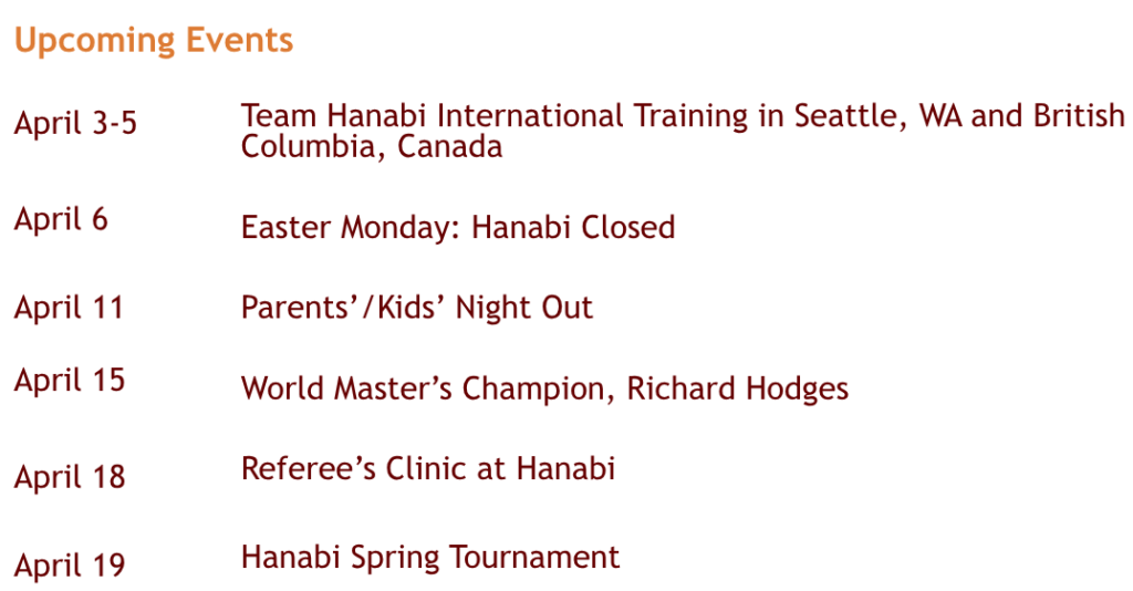 Feel free to contact us at: 510-604-6640 or info@hanabijudo.com.